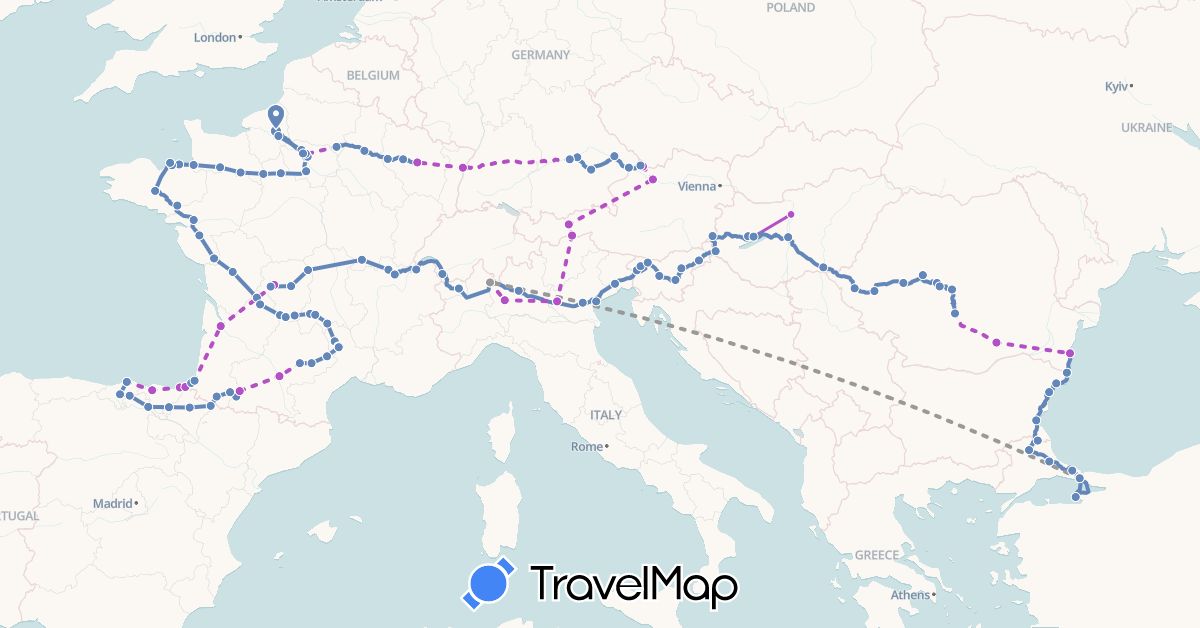 TravelMap itinerary: driving, plane, cycling, train in Austria, Bulgaria, Switzerland, Germany, Spain, France, Hungary, Italy, Romania, Slovenia, Turkey (Asia, Europe)